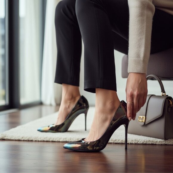 Designer STUART WEITZMAN Black Iridescent Patent Leather High Heel Pumps 8.5 M - Picture 7 of 13